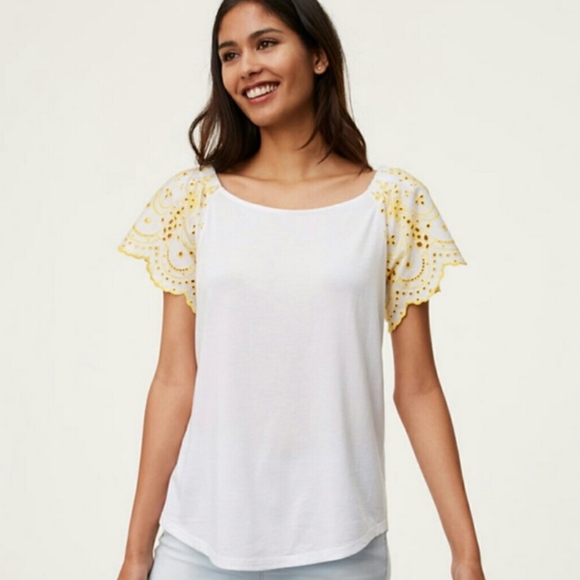 LOFT Tops - NWT Loft White Eyelet Ruffle Sleeve Blouse Medium